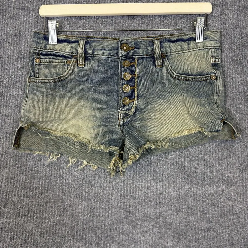 We The Free People Womens Button Fly Denim Distressed Frayed Hem Shorts Size 25